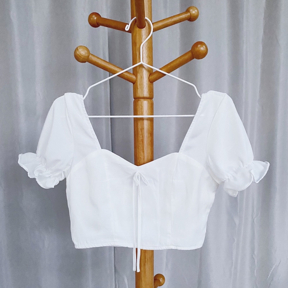 White Puff Sleeve Self Tie Cropped Blouse